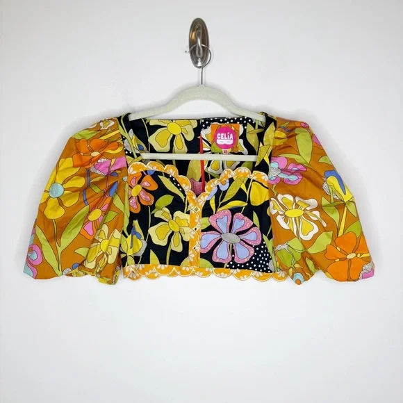 CeliaB Galan Floral Print Puff Sleeve Crop Top Size XS - Picture 2 of 8